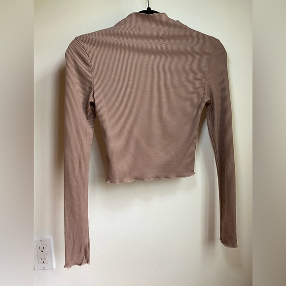 Tan / Taupe Ribbed Lettuce Trim Mock Turtle Neck Long Sleeve Top ( size XS ) - Picture 2 of 4